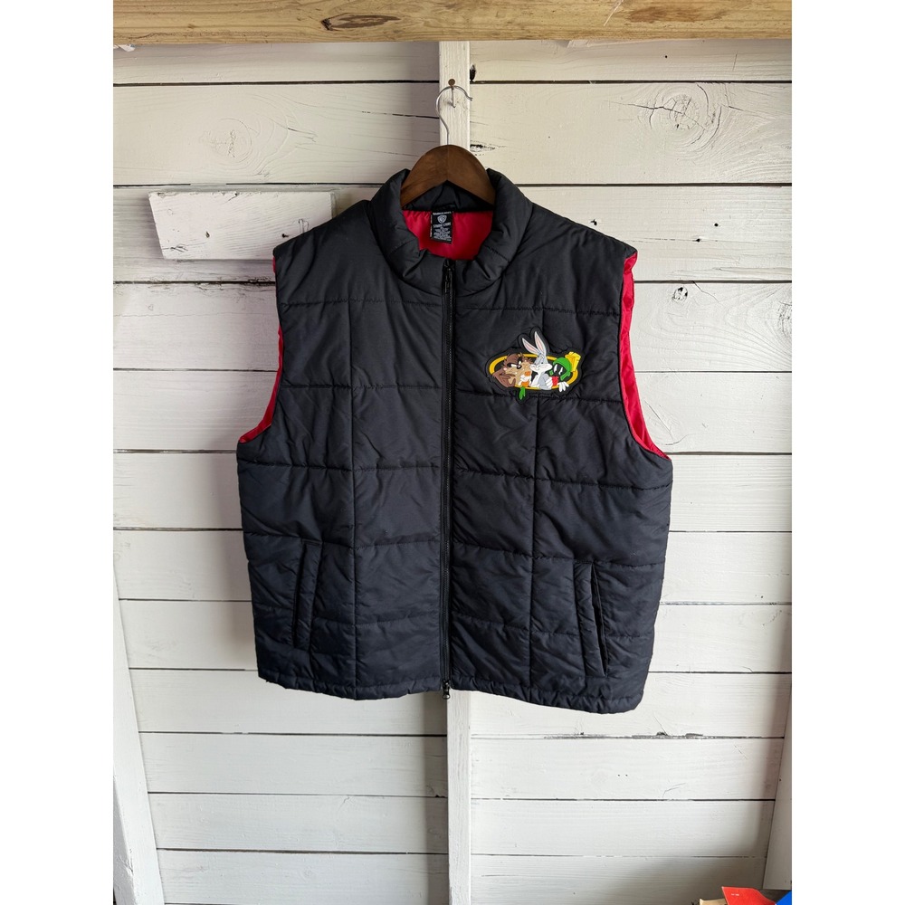 Vintage Warner Bros Studio Store Looney Tunes Puffer Vest Black Red Mens XL